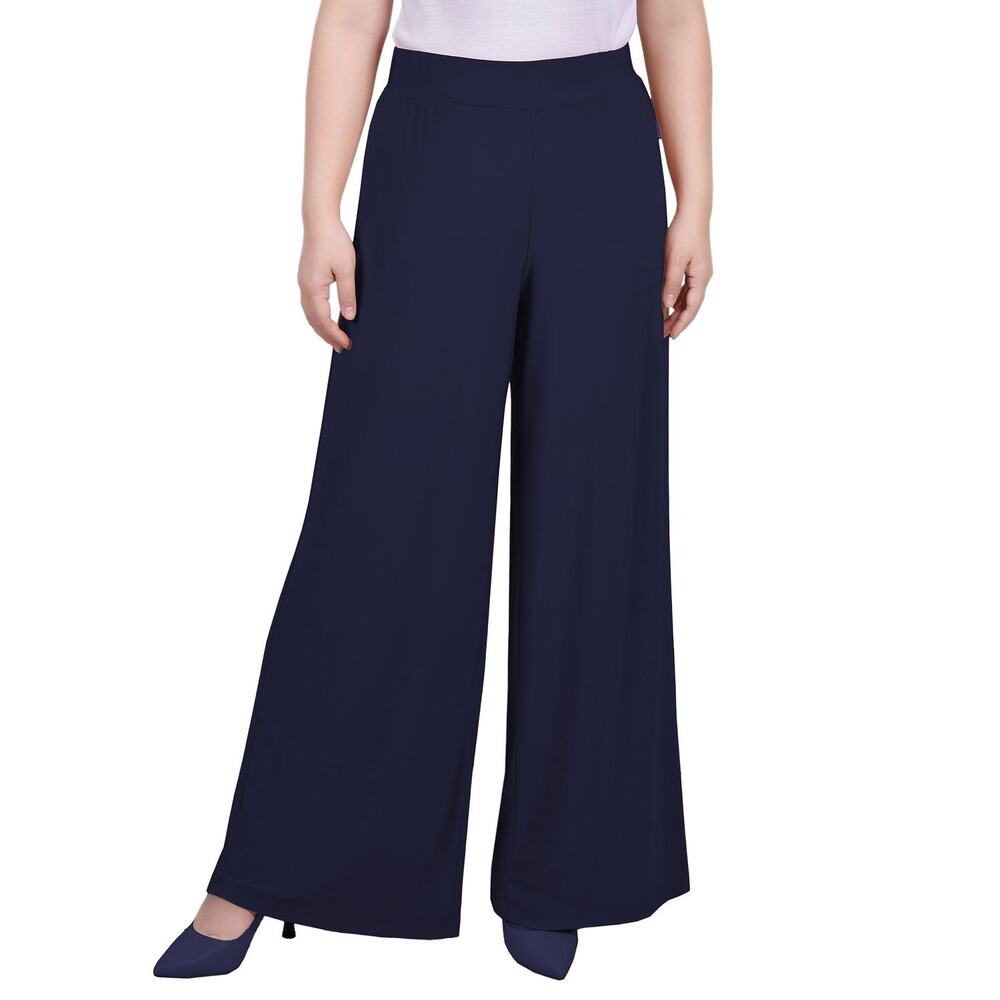 NY Collection Mid Rise Pull On Wide-Leg Palazzo Pant Navy Blue NEW Petite Medium